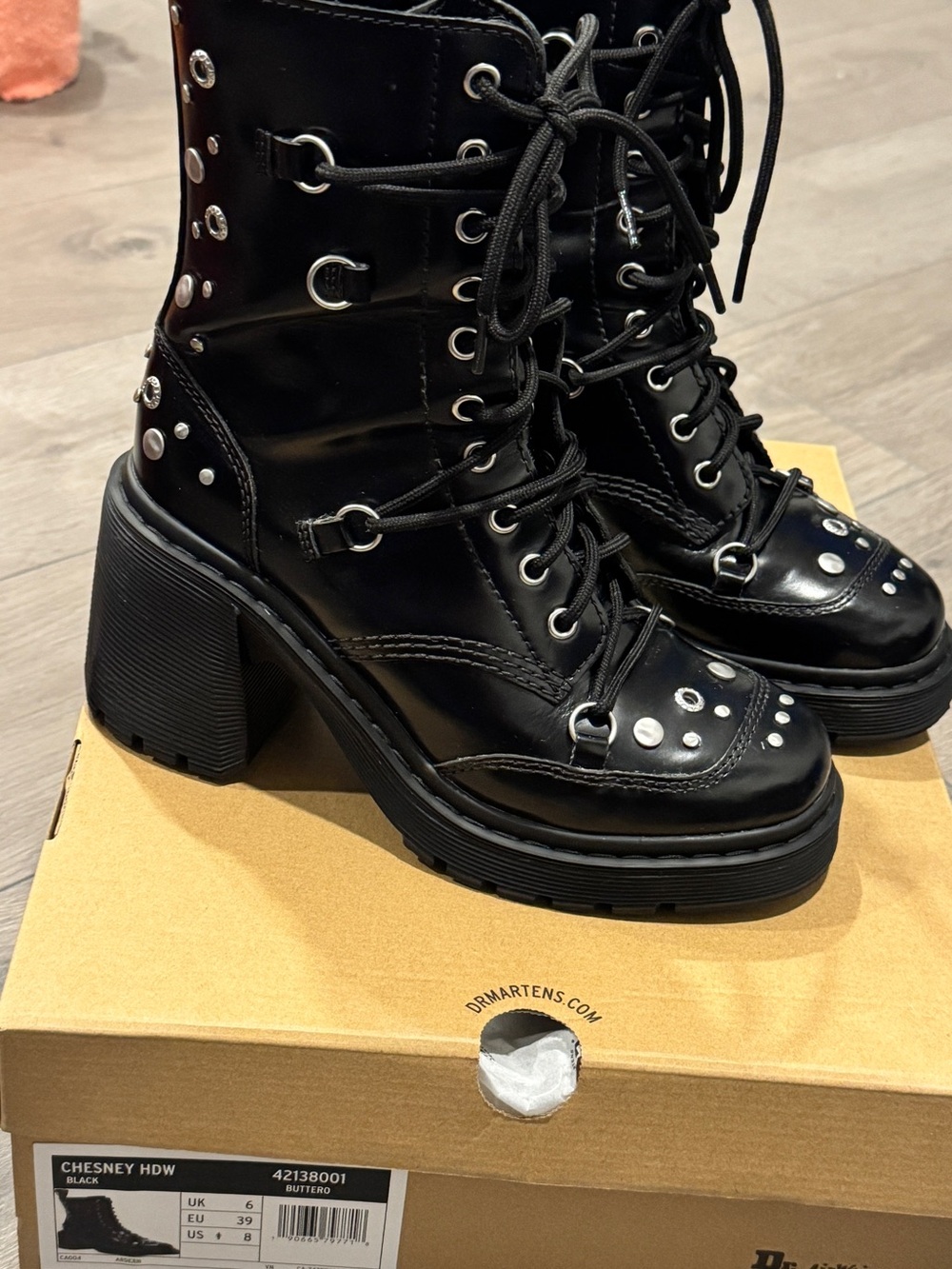 Dr. Martens Black Studded Lace-Up Platform Heel Boot/Chesney boots - Picture 7 of 9